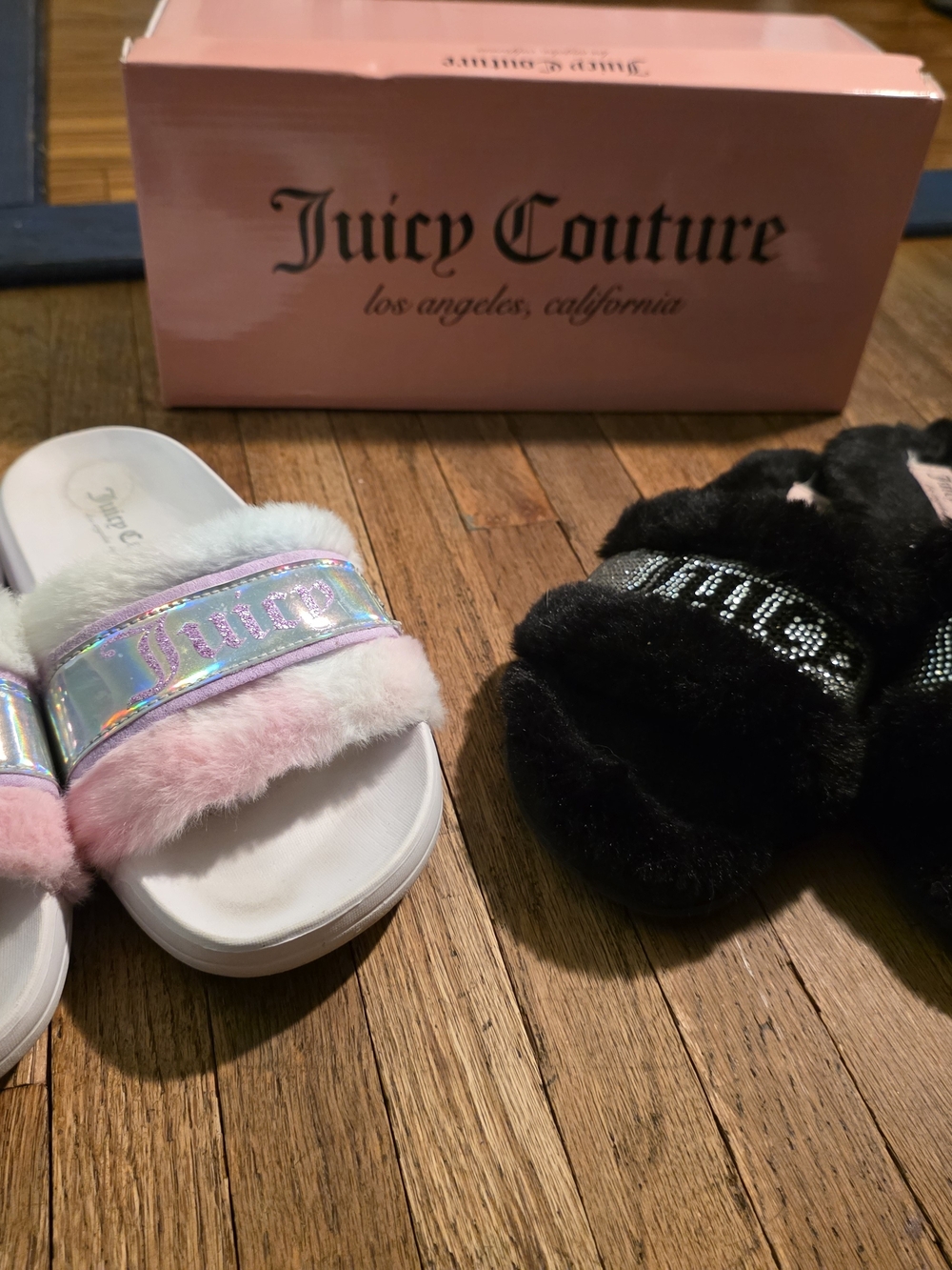 2 Pair Of Juicy Couture Slippers Iridescent Pink & Black Faux-Fur Slide Sandals